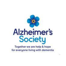 Alzheimer's Society (with logo of blue forget-me-not flower), with strapline Together we are help and hope for everyone living with dementia