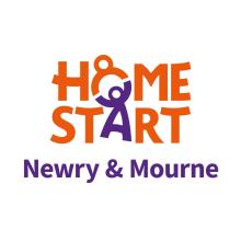 The words home start are diplayed in orange with a picture of a figure holding another figure within this.  The words Newry and Mourne are diaplayed underneath in purple.